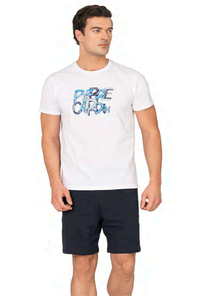 Pierre Cardin 6136 Erkek Kısa Kollu Bisiklet Yaka Şortlu Pijama Takımı-Beyaz