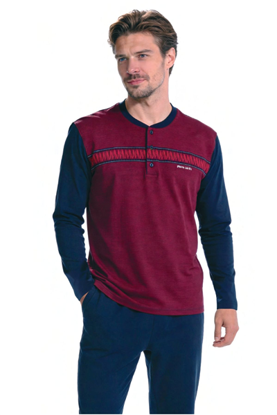 Pierre Cardin 6141 Erkek Uzun kollu Yakası Düğmeli Jakarlı Pijama Takımı-Bordo