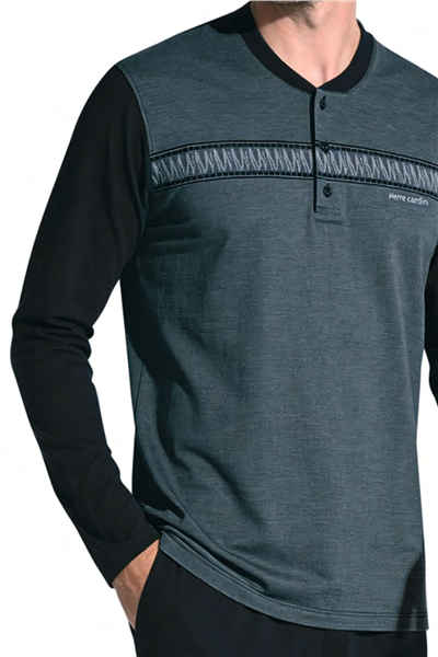 Pierre Cardin 6141 Erkek Uzun kollu Yakası Düğmeli Jakarlı Pijama Takımı-Siyah