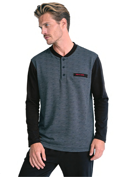 Pierre Cardin 6142 Erkek Uzun kollu Yakası Düğmeli Jakarlı Pijama Takımı-Siyah