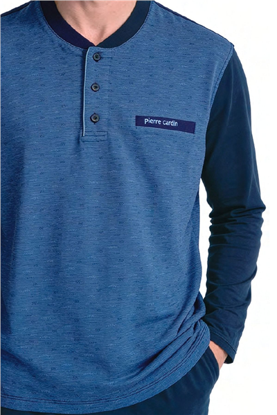 Pierre Cardin 6142 Erkek Uzun kollu Yakası Düğmeli Jakarlı Pijama Takımı-Lacivert