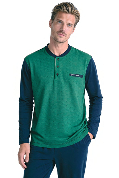 Pierre Cardin 6142 Erkek Uzun kollu Yakası Düğmeli Jakarlı Pijama Takımı-Yeşil