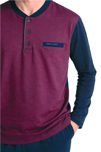 Pierre Cardin 6142 Erkek Uzun kollu Yakası Düğmeli Jakarlı Pijama Takımı-Bordo