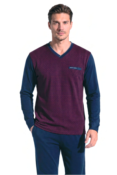 Pierre Cardin 6143 Erkek Uzun kollu V Yaka Jakarlı Pijama Takımı-Bordo