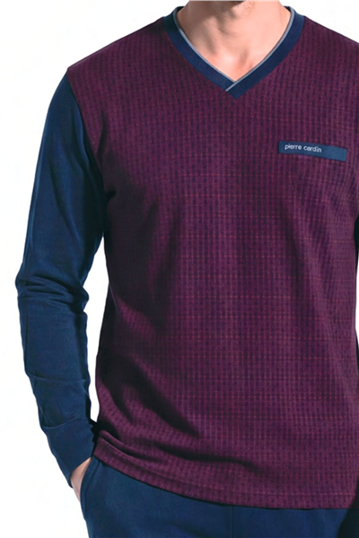 Pierre Cardin 6143 Erkek Uzun kollu V Yaka Jakarlı Pijama Takımı-Bordo