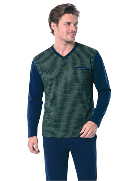 Pierre Cardin 6143 Erkek Uzun kollu V Yaka Jakarlı Pijama Takımı-Haki