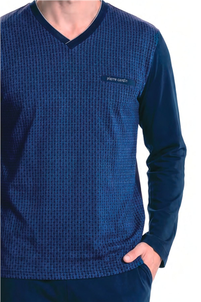 Pierre Cardin 6143 Erkek Uzun kollu Yakası Düğmeli Jakarlı Pijama Takımı-Lacivert