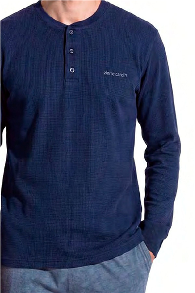 Pierre Cardin 6144 Erkek Uzun kollu Yakası Düğmeli Pijama Takımı-Lacivert