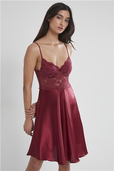 Pierre Cardin 627 Kadın İp Askılı Saten Gecelik-Bordo