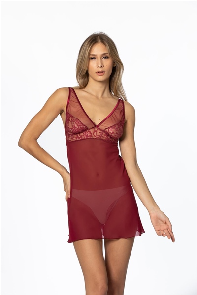 Pierre Cardin 629 Kadın Şifon Dantelli Gecelik - Bordo