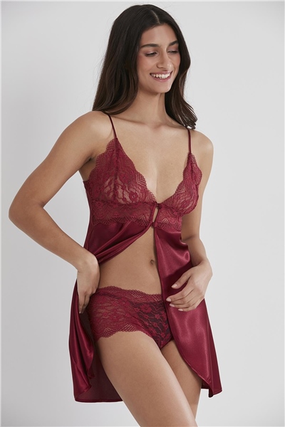 Pierre Cardin 632 Kadın Saten Dantelli Gecelik - Bordo