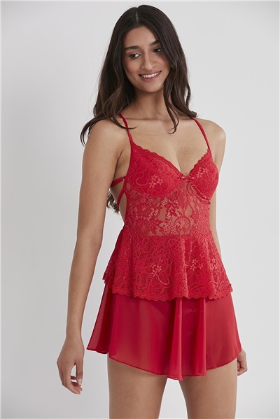 Pierre Cardin 645 Kadın İp Askılı Saten Gecelik-Kırmızı