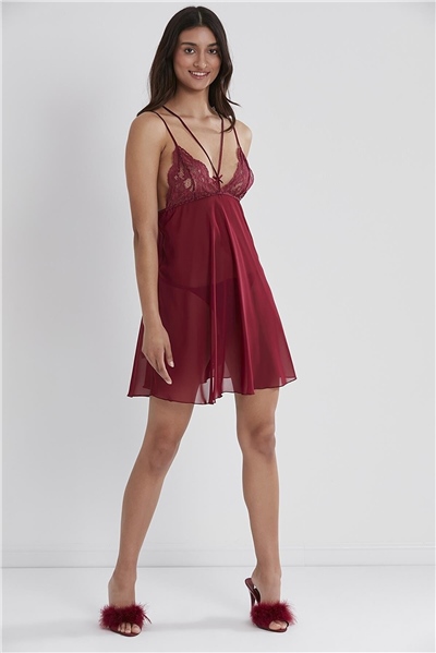 Pierre Cardin 675 Kadın İp Askılı Şifon Gecelik-Bordo