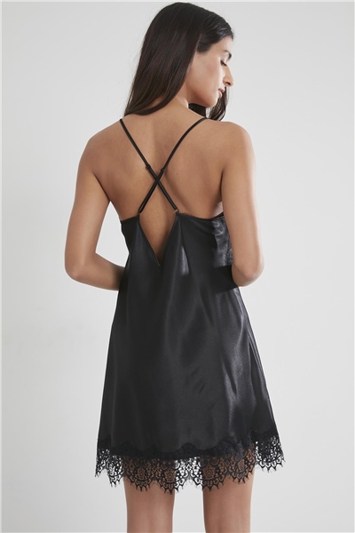 Pierre Cardin 685 Kadın Saten Dantelli Gecelik - Siyah