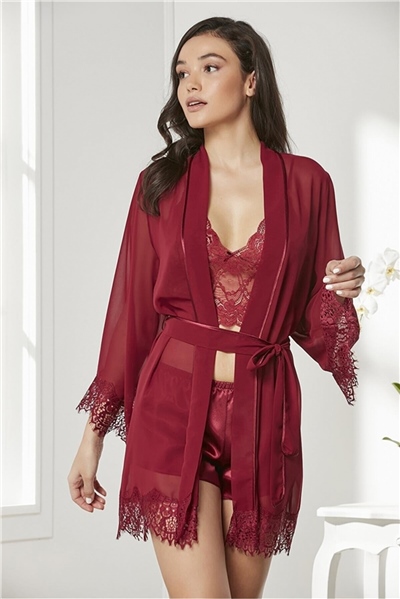 Pierre Cardin 7005 Çeyizlik Dantelli Saten 4lü Set -Bordo