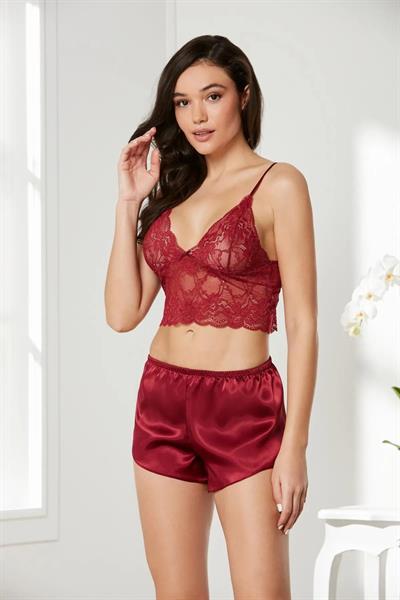 Pierre Cardin 7005+GC225 Çeyizlik Terlikli Şifon Dantelli Saten 4lü Set  -Bordo