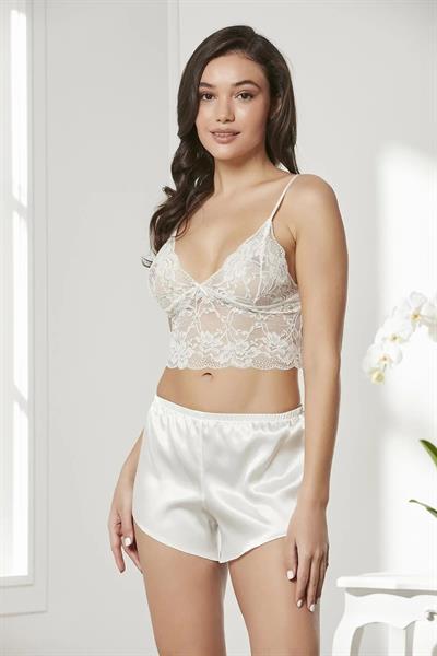 Pierre Cardin 7005+GC225 Çeyizlik Terlikli Şifon Dantelli Saten 4lü Set  -Ekru
