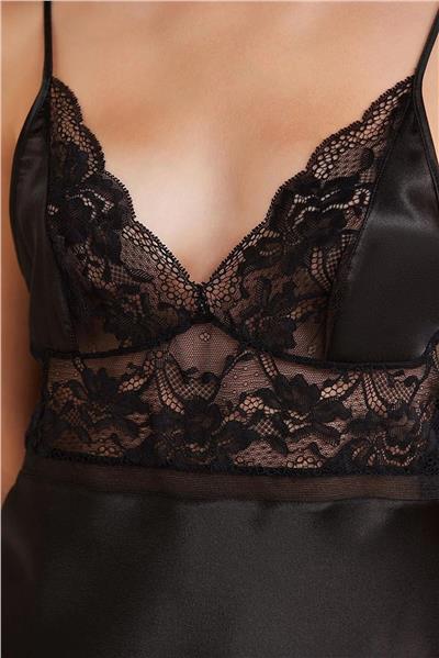 Pierre Cardin 7015 Kadın Dantelli Saten 4lü Set-Siyah