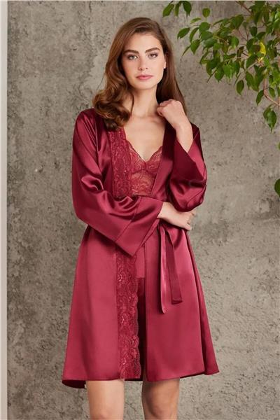 Pierre Cardin 7015 Kadın Dantelli Saten 4lü Set-Bordo