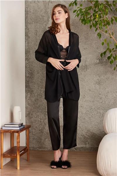 Pierre Cardin 7025 Kadın Çeyizlik Dantelli Saten 4lü Set-Siyah