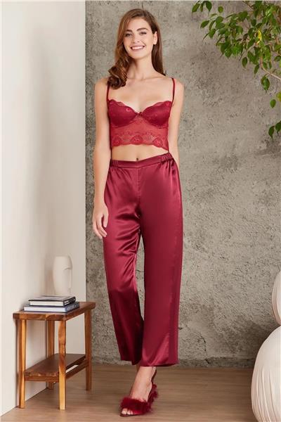Pierre Cardin 7025 Kadın Çeyizlik Dantelli Saten 4lü Set-Bordo