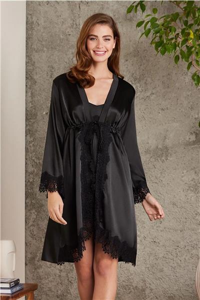 Pierre Cardin 7045 Kadın Dantelli Saten 4lü Set-Siyah