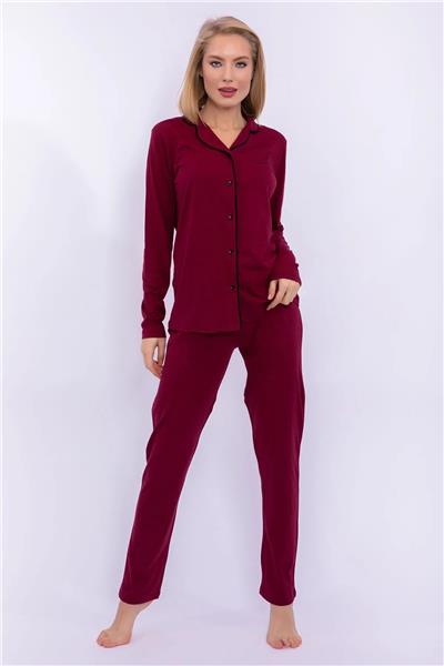 Pierre Cardin 7717 Kadın Modal Uzun Kollu Önden Düğmeli Pijama Takımı-Bordo