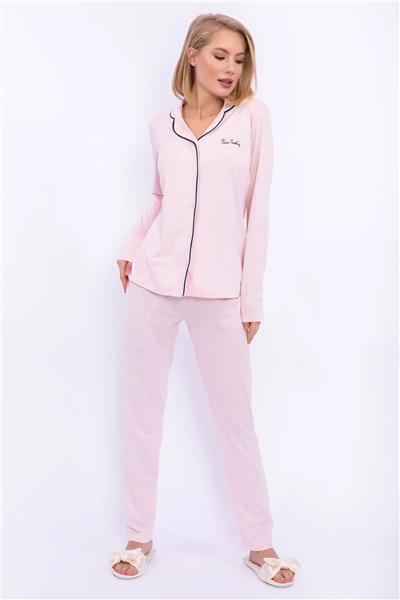 Pierre Cardin 7717 Kadın Modal Uzun Kollu Önden Düğmeli Pijama Takımı-Pembe