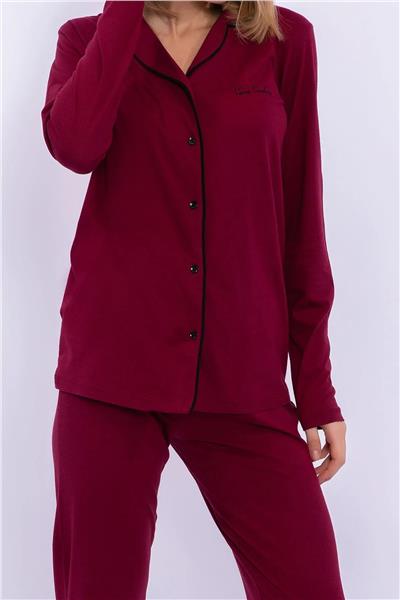 Pierre Cardin 7717 Kadın Modal Uzun Kollu Önden Düğmeli Pijama Takımı-Bordo