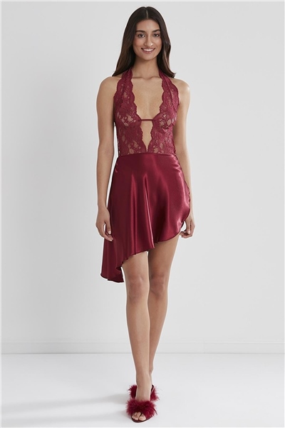 Pierre Cardin 805 Kadın Şifon Dantelli Gecelik - Bordo