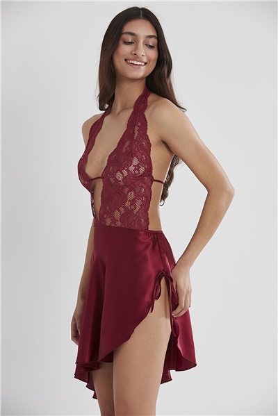 Pierre Cardin 805 Kadın Şifon Dantelli Gecelik - Bordo