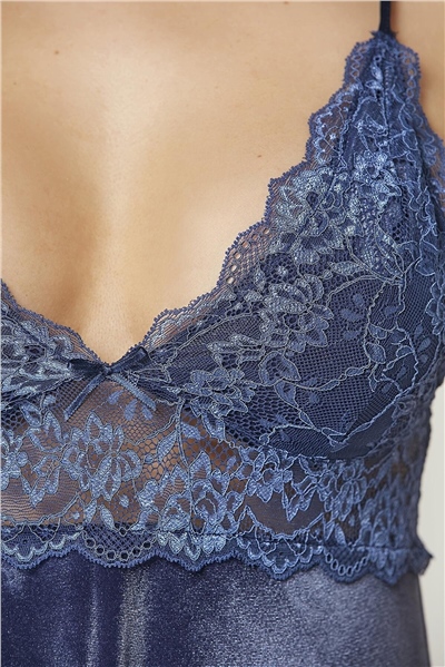 Pierre Cardin 845 Kadın İp Askılı Kadife Saten Gecelik-Lacivert