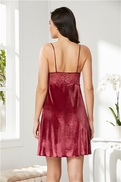 Pierre Cardin 845 Kadın İp Askılı Kadife Saten Gecelik-Bordo