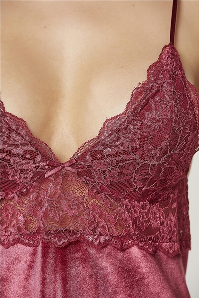 Pierre Cardin 845 Kadın İp Askılı Kadife Saten Gecelik-Bordo