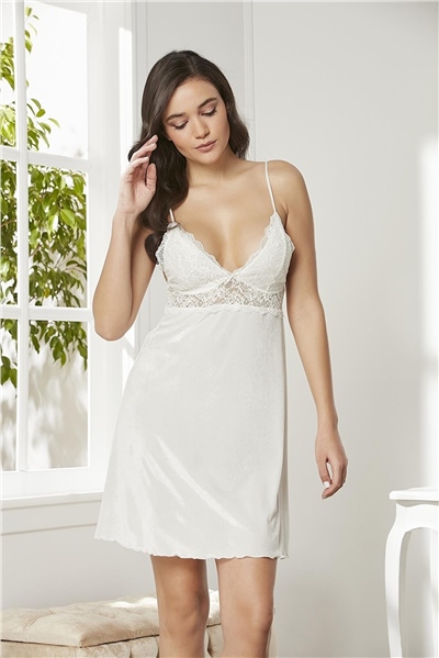 Pierre Cardin 845 Kadın İp Askılı Kadife Saten Gecelik-Ekru