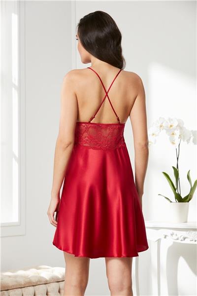 Pierre Cardin 850 Kadın Saten Dantelli Gecelik-Kırmızı