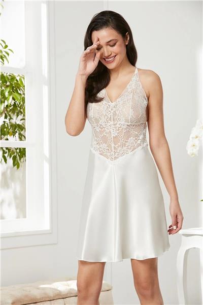 Pierre Cardin 850 Kadın Saten Dantelli Gecelik-Ekru