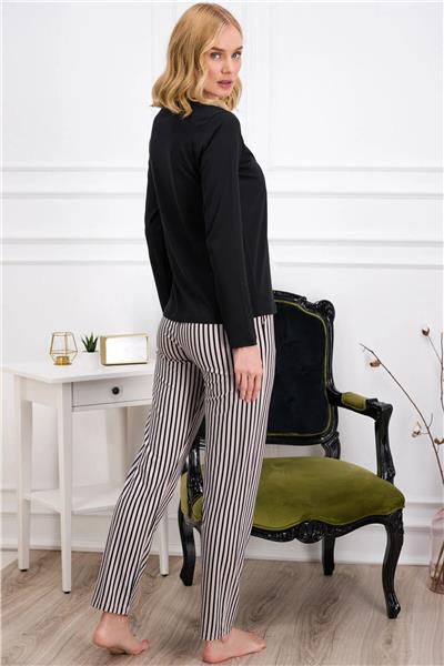 Pierre Cardin 8766 Kadın Uzun Kollu Bisiklet Yaka Pijama Takımı-Siyah