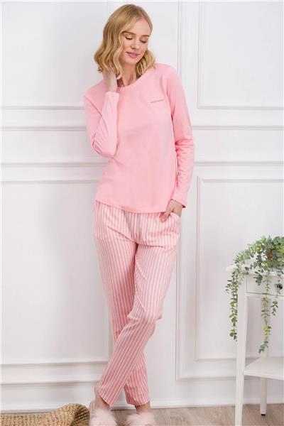 Pierre Cardin 8766 Kadın Uzun Kollu Bisiklet Yaka Pijama Takımı-Pembe