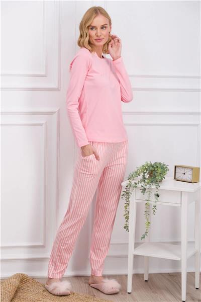 Pierre Cardin 8766 Kadın Uzun Kollu Bisiklet Yaka Pijama Takımı-Pembe