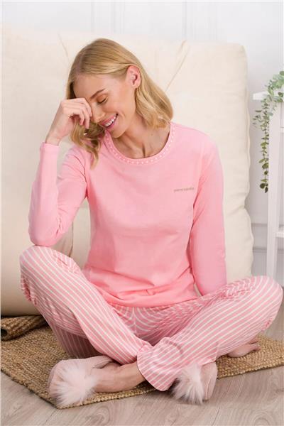 Pierre Cardin 8766 Kadın Uzun Kollu Bisiklet Yaka Pijama Takımı-Pembe