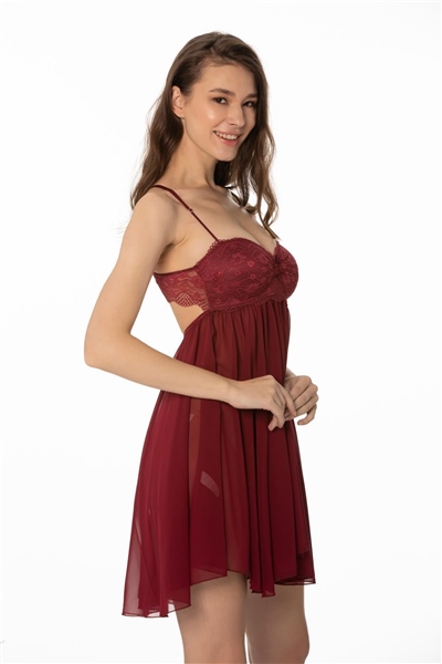 Pierre Cardin 880 Kadın Şifon Dantelli Gecelik - Bordo