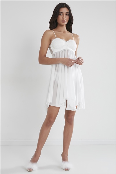 Pierre Cardin 880 Kadın Şifon Dantelli Gecelik - Ekru