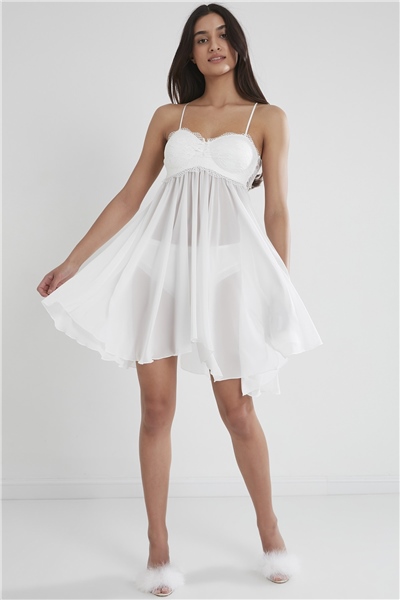 Pierre Cardin 880 Kadın Şifon Dantelli Gecelik - Ekru