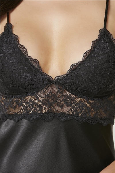 Pierre Cardin 890 Kadın İp Askılı Saten Gecelik-Siyah