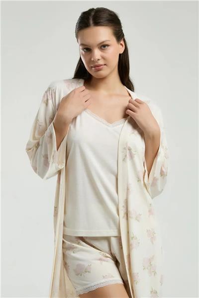 Pierre Cardin 9008 Kadın Sabahlıklı İp Askılı Şortlu Pijama Takım-Krem