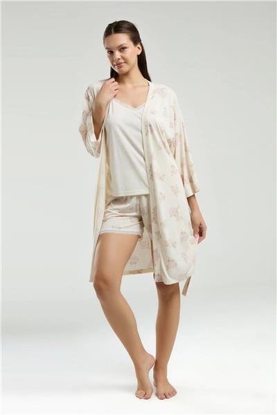 Pierre Cardin 9008 Kadın Sabahlıklı İp Askılı Şortlu Pijama Takım-Krem