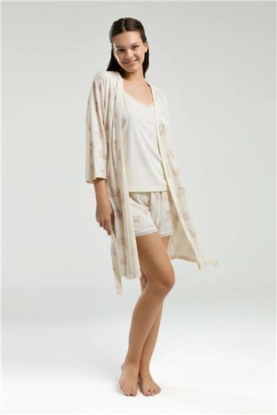 Pierre Cardin 9008 Kadın Sabahlıklı İp Askılı Şortlu Pijama Takım-Krem