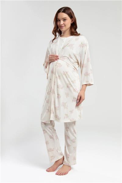 Pierre Cardin 9009 Hamile Lohusa Sabahlıklı Kısa Kollu Pijama Takımı-Krem