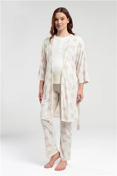Pierre Cardin 9009 Hamile Lohusa Sabahlıklı Kısa Kollu Pijama Takımı-Krem